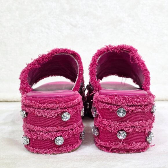 Hipster Denim Distressed Frayed Trim Rhinestone 2" Flatform Sandals Hot Pink - Picture 6 of 10